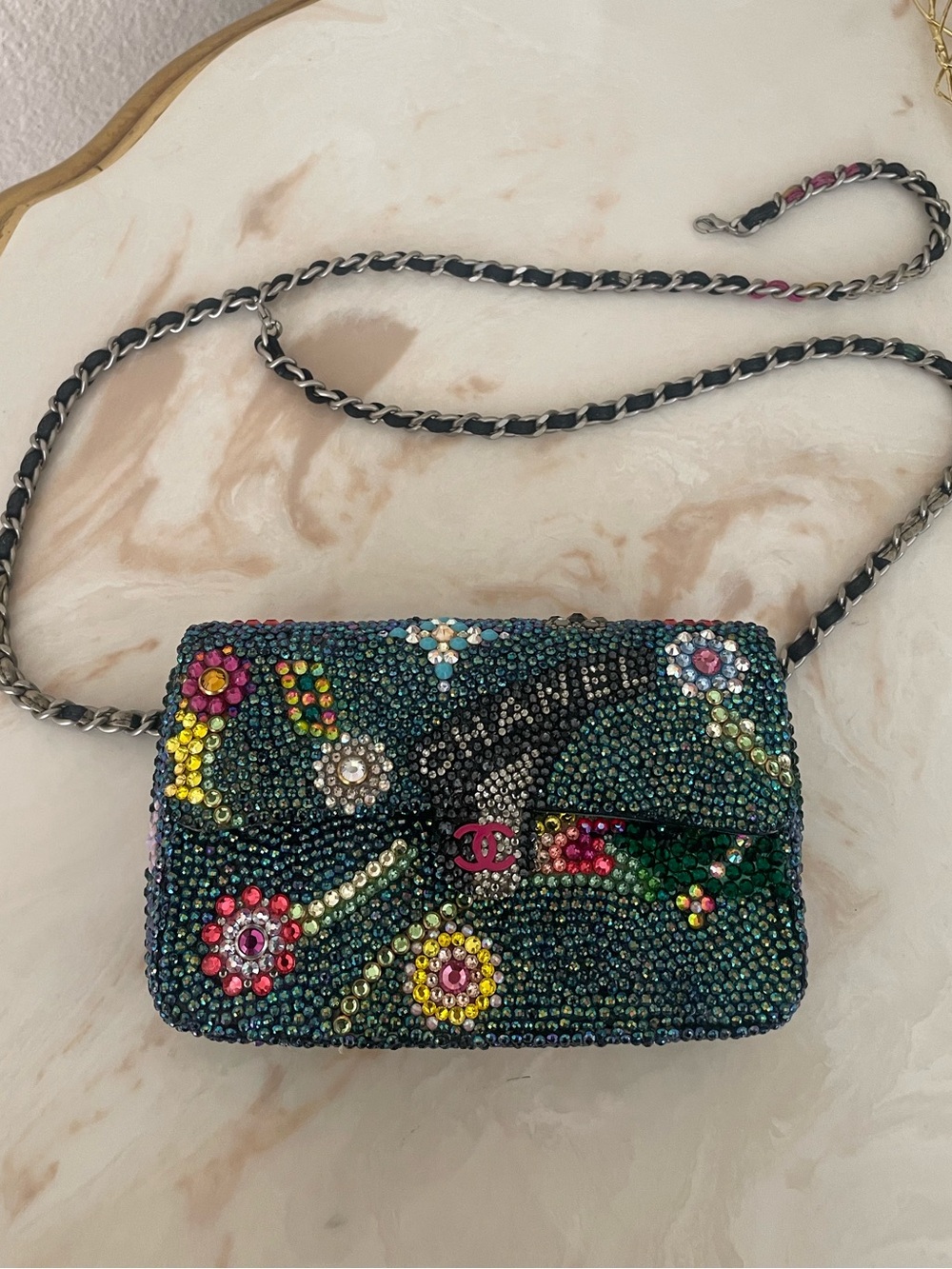 Chanel mini micro crossbody belt waist bag custom crystal strass floral design